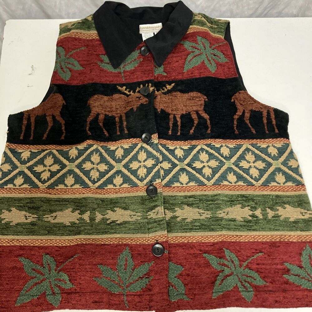 VTG Coldwater Creek Woman’s L Holiday Christmas Button Vest Deer Tapestry